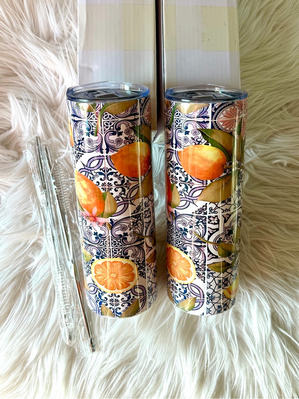 Set of 2 20oz Blue & White Citrus Print Stainless Steel Tumblers with Straws